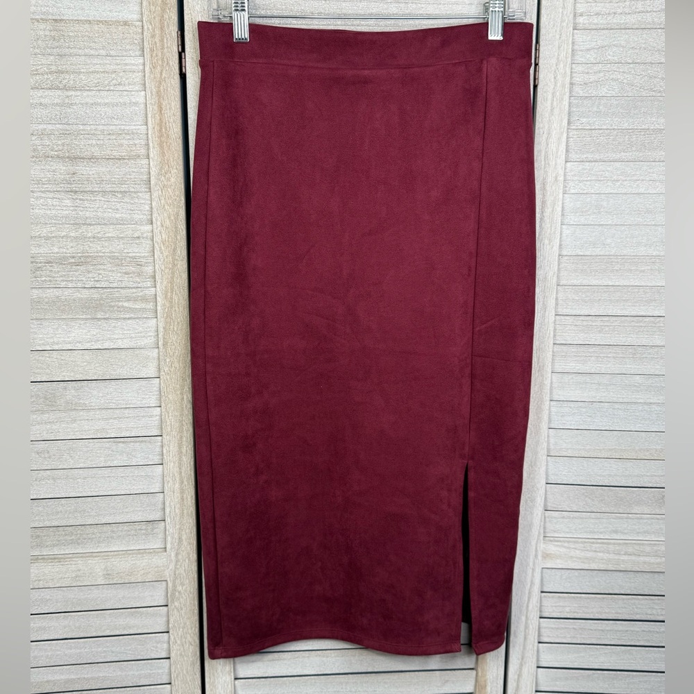 OLIVIA BLU Faux Suede Pull On Pencil Skirt Wine-Small